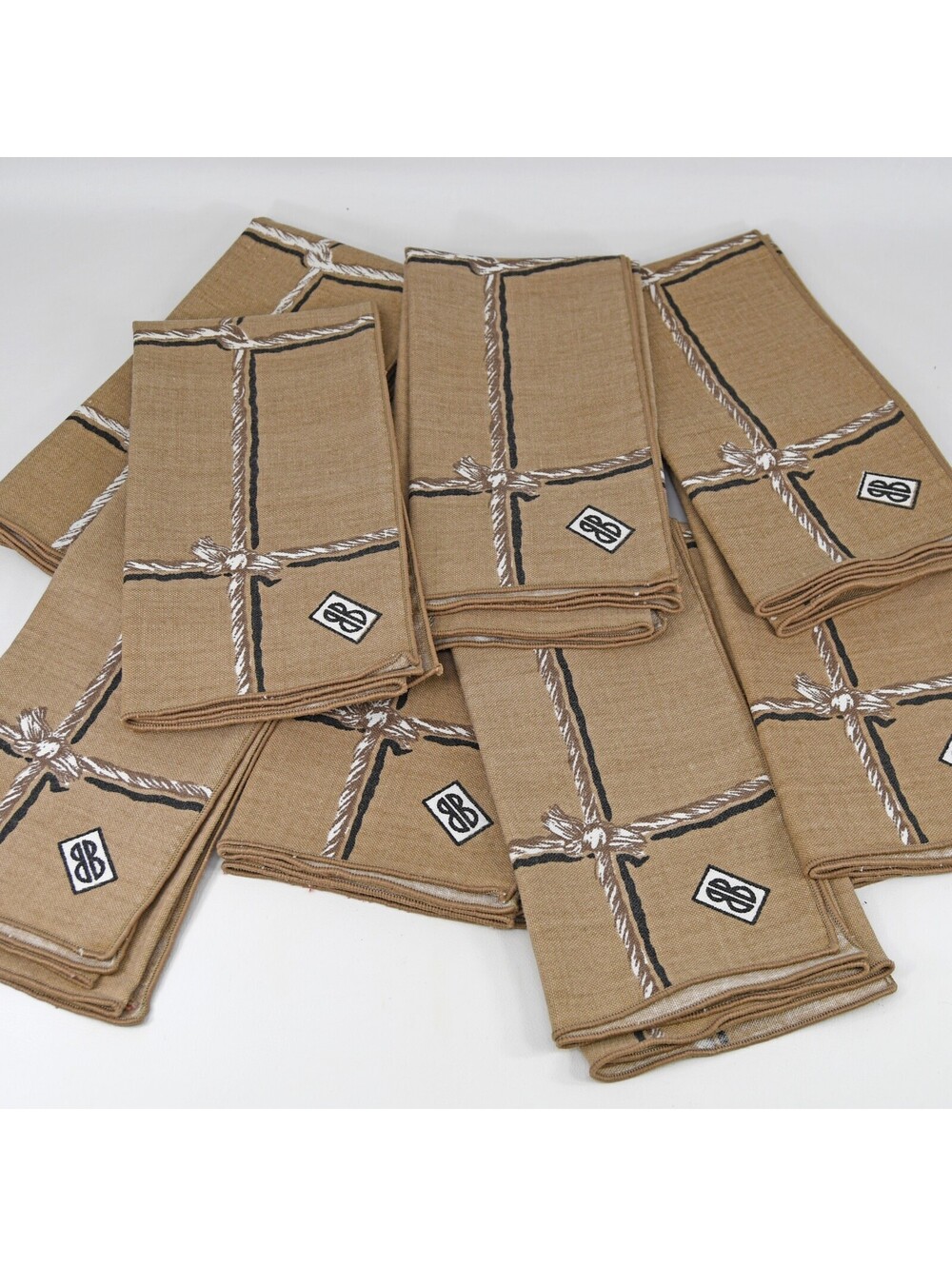 Bill Blass Kemp & Beatley 8 Cloth Napkin Set Nautical Spinnaker Brown Rope VTG